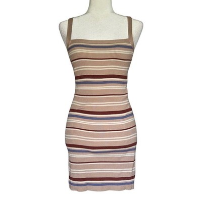 Womens Brown Striped Ribbed Knit Dress Pastel Soft Girl 90s Style Minimalist