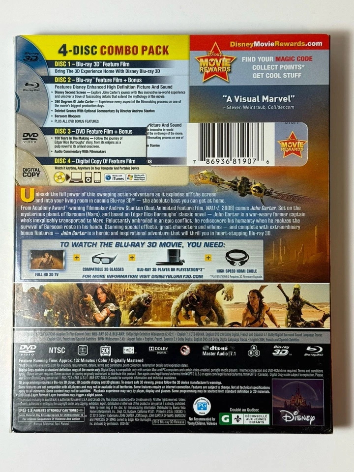 John Carter 3D (3D Blu Ray/Blu Ray/DVD/Digital 4-disc set) New Factory Sealed - Image 2 of 4
