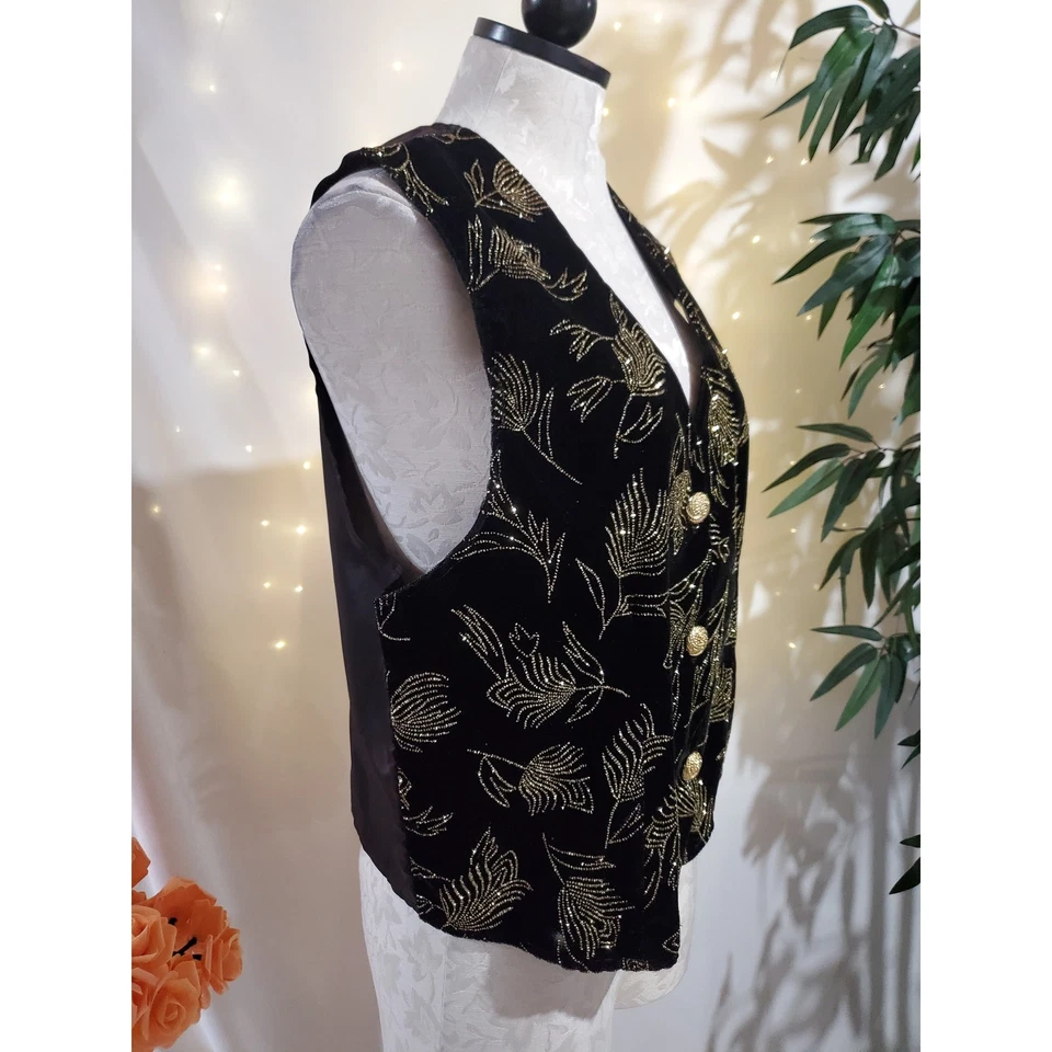 Dressbarn Vtg Velvet Glitter Sparkle Gold Button Waistcoat Vest Womens Sz L NWT - Image 3 of 4