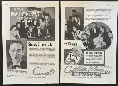 Erich Hagenlocher “It Takes Healthy Nerves to Run 308 at Billiards-1933 Camel AD