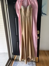 Women s Gold Beaded Strappy V-Neck Mermaid Long Formal Gown Slit Sz 6