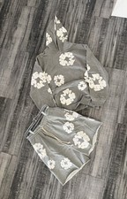 Men's Gray/White Floral Fleece Cotton Sweatsuit Set Hoodie Shorts L
