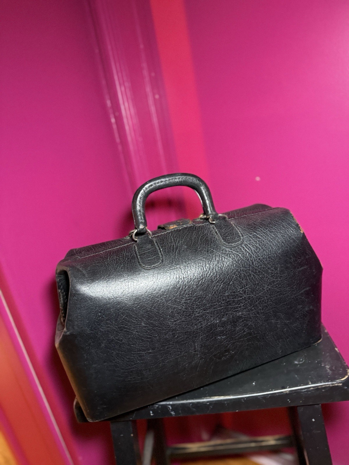 1940-50 Antique Doctor Bag M.D Genuine Black Leather Medical Bag oddities prop