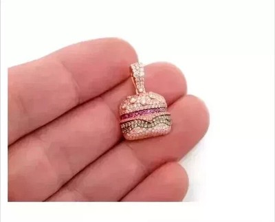 Real Moissanite 0.1Ct Round Rainbow Custom Burger Pendant 14k Yellow Gold Plated