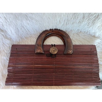 Vintage Wooden Handbag Bamboo Clutch Purse Boho Resort Tropical Coastal Tiki B]