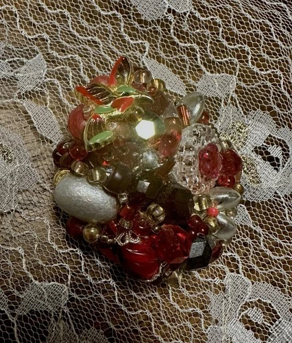 Enamel Hummingbird Red Beaded Cluster Brooch Vintage 50s Haskell Carnegie Era