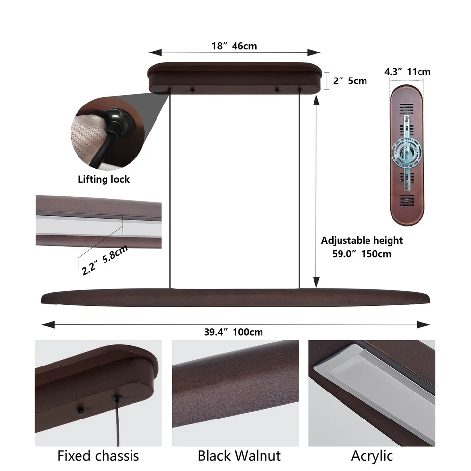 39英寸木质长方形吊坠灯胡桃木天花板LED吊灯复古灯具 — 第 2/4 张图片