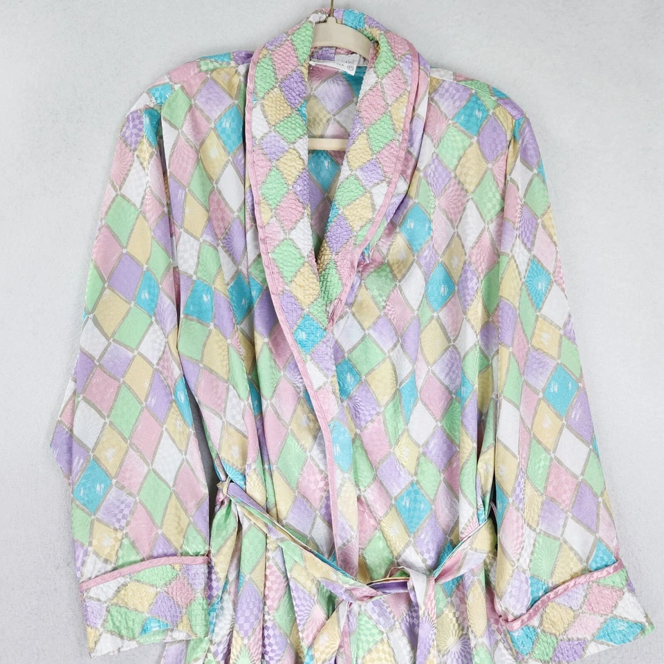 Bata vintage para mujer talla única rosa Mary McFadden largo completo colorido abrigo de casa Foto 2 de 4