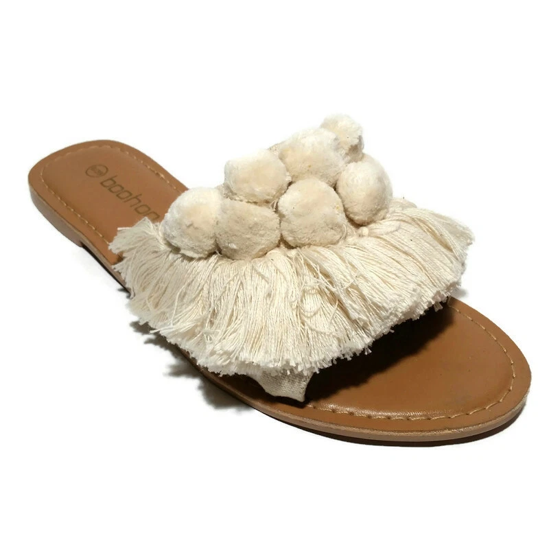 Women&#039;s Natural Pom Pom Leather Sliders Sandals Flip White eBay