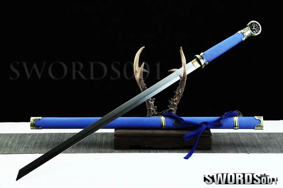 blue Ring-pommel Dao Chinese Sword Damascus folded Steel Straight Sharp Blade - image 4 of 4