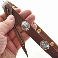 Navajo Sterling Silver Concho Blue Turquoise Leather Hat Band Hatband Brown