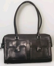 Vintage Mila Paoli Black Smooth Genuine Leather Handbag Purse Pockets RARE 