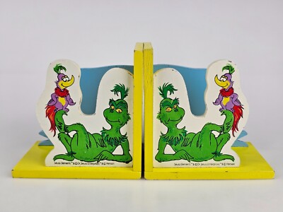 Dr. Seuss The Grinch & Bird Wood Bookends Set Vintage Child Reading Book Storage