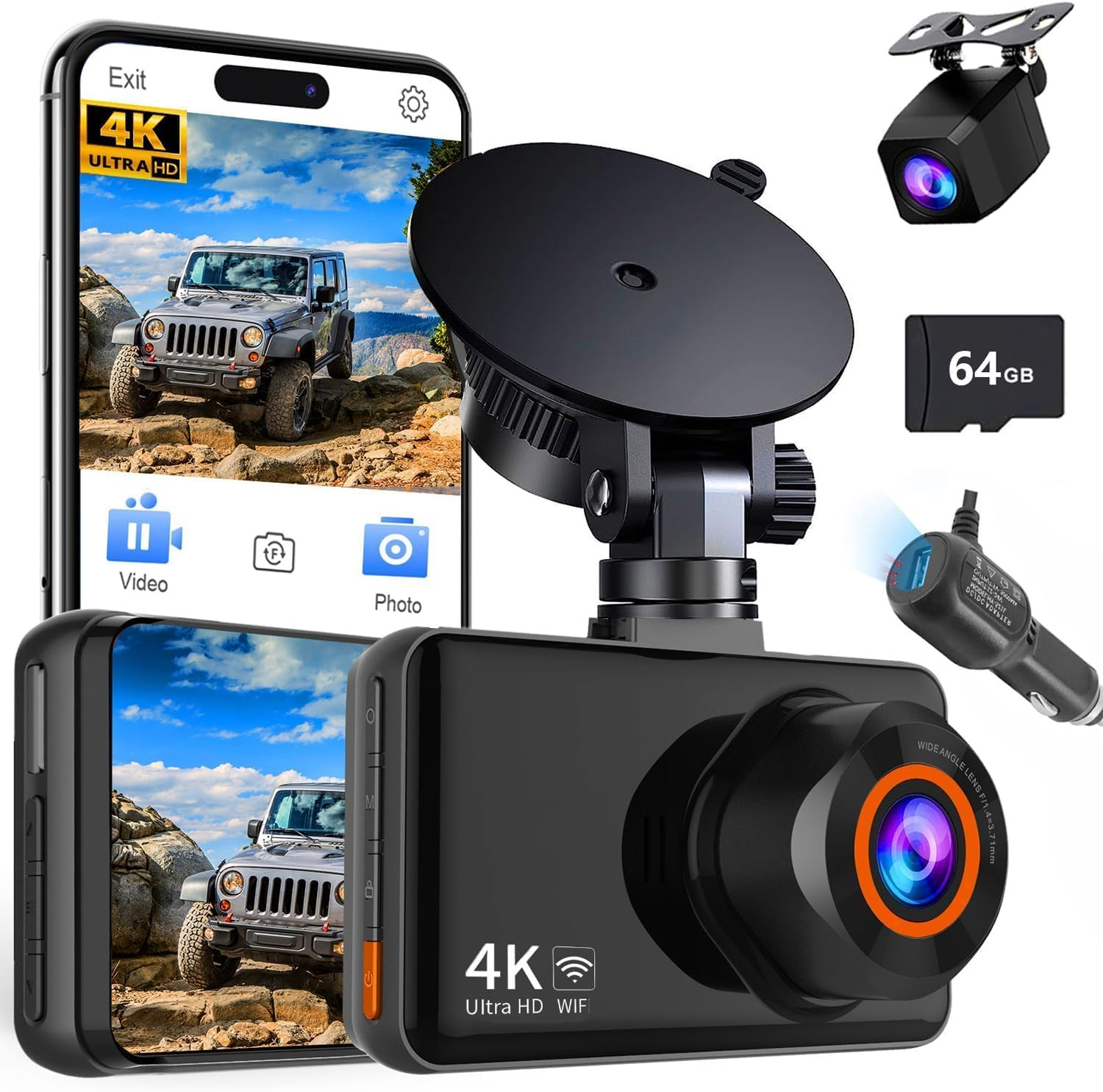 4K Dual Dash Cam with Built-in WiFi for Front and Rear Car Recording-image