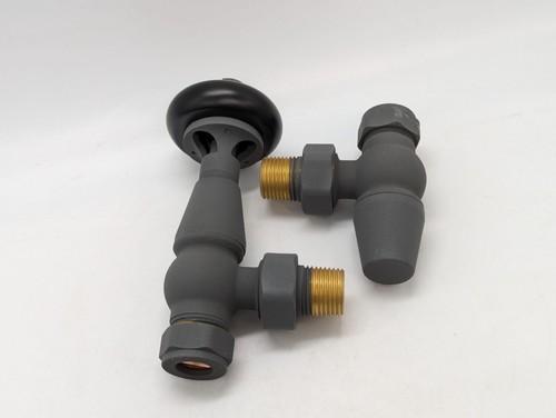 Traditional antique design TRV thermostatic brass angled radiator valves pair - Picture 3 of 11