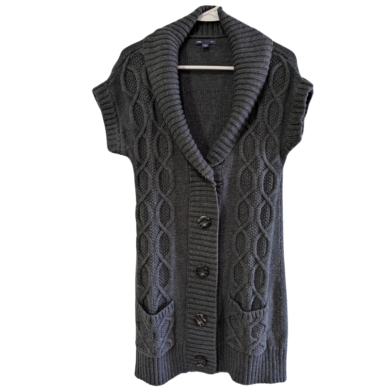 Gap Gray Cable Knit Long Sweater Vest with Pockets, 5-Button Front, Small
