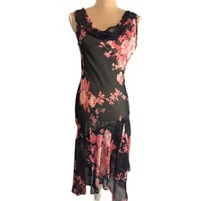 Vtg Y2K Floral Midi Dress Connected Sz M Black Pink Beaded Fairy Core Whimsical