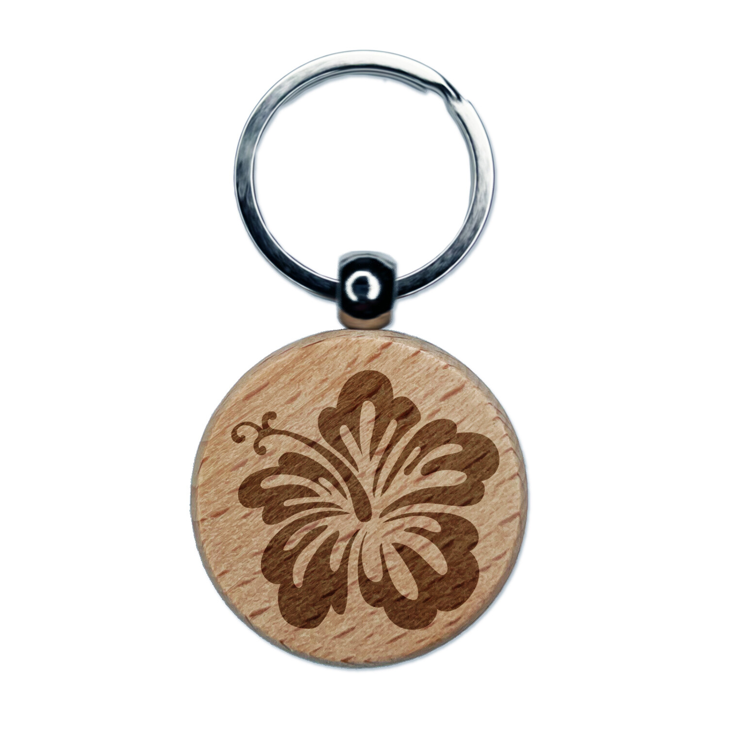 Pretty Hibiscus Flower Tropical Engraved Wood Round Keychain Tag Charm