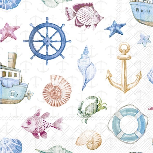 4 x Lunch Napkins/33cm/3Ply/Decoupage/Coastal Elements/ Fish/Shells/Boat/Anchor