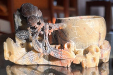 Vintage Chinese Soapstone Carving - brush pot - pink / grey - great detail