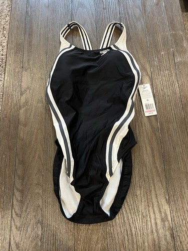 SPEEDO Women's Size 10 PowerFlex Eco Black White One Piece Swimsuit $78 New