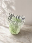 Vintage Murano Art Glass Green Swirl Ruffled Vase
