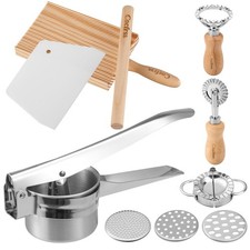 7 Pcs Potato Ricer & Gnocchi Board Kit with Dough Scraper, Ravioli Cutter, Em...