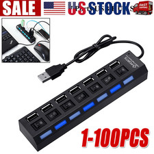 USB Hub 7 Port On/Off Switch High Speed Splitter AC Adapter Cable PC Laptop Lot