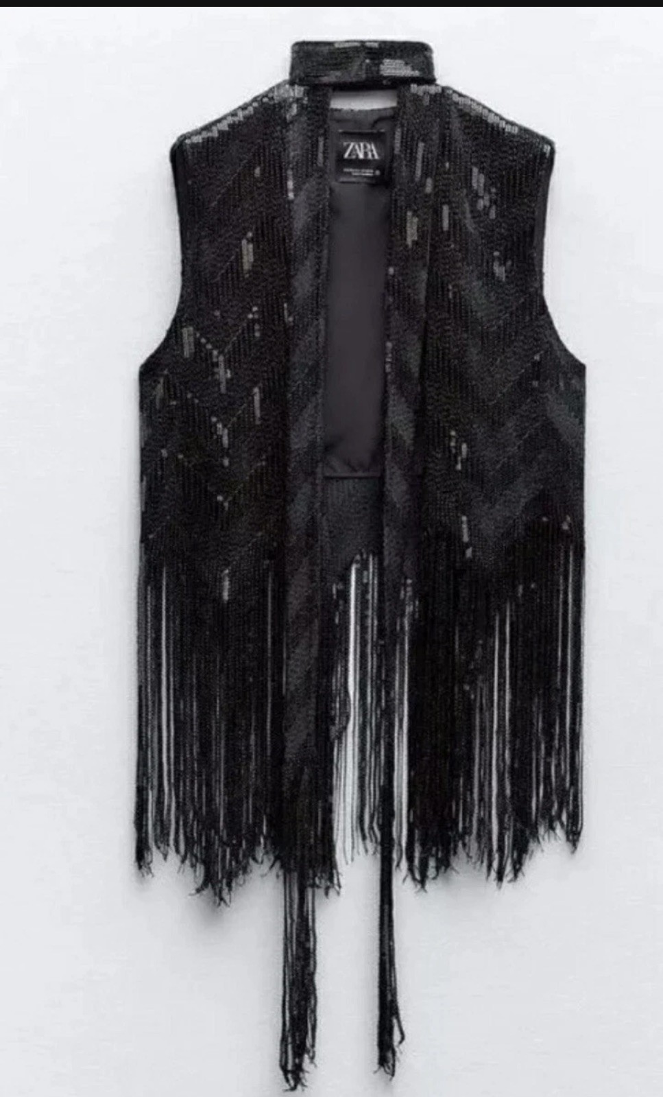 ZARA CHALECO NEGRO LENTEJUELAS CON FLECOS Y GARGANTILLA BRILLANTE M-L 8741 274