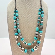 Vintage 90s Silver Tone Faux Turquoise Beaded Double Stand Necklace Jewelry