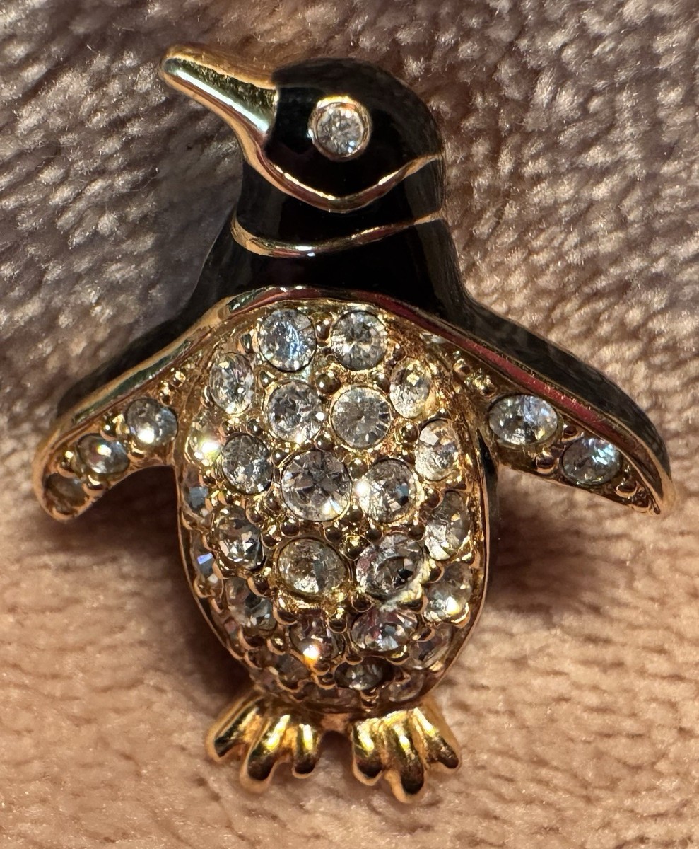 Signed Swan Swarovski Crystals Penguin Pin Brooch Rhinestones Bling Faux Gems