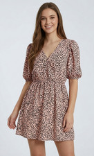 Leopard Print Mini Dress Womens Pink Balloon Sleeve Boho Tiered V Neck USA