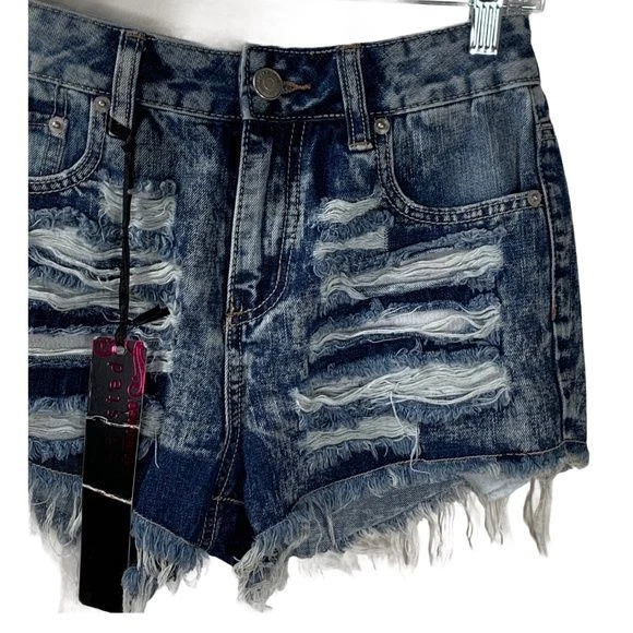 Pantalones Cortos Casa de Muñecas Mujer Azul Jean Denim Dobladillo Crudo Tiro Alto Rasgado Verano Talla 2 Foto 3 de 4