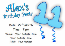 10 Personalised INVITATIONS,  birthday party invites card AGE 11 boys blue cards