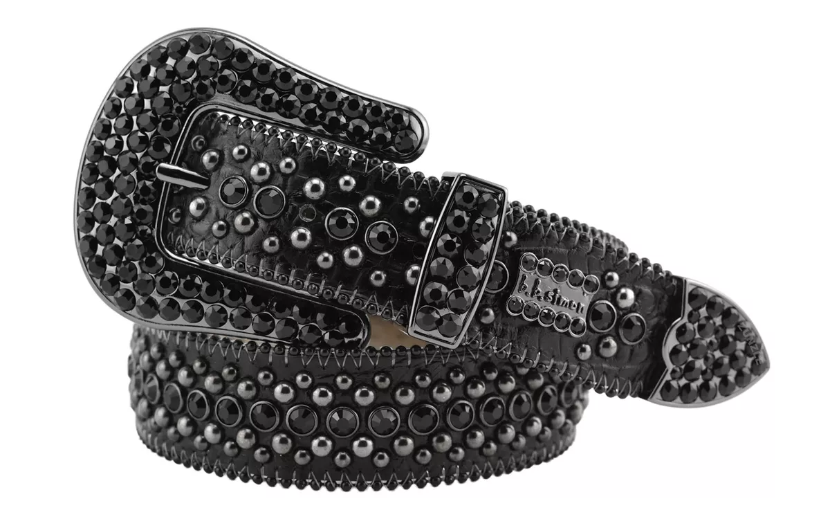 Bb Simon Kish Black Cowhide Leather Crystals Belt, L