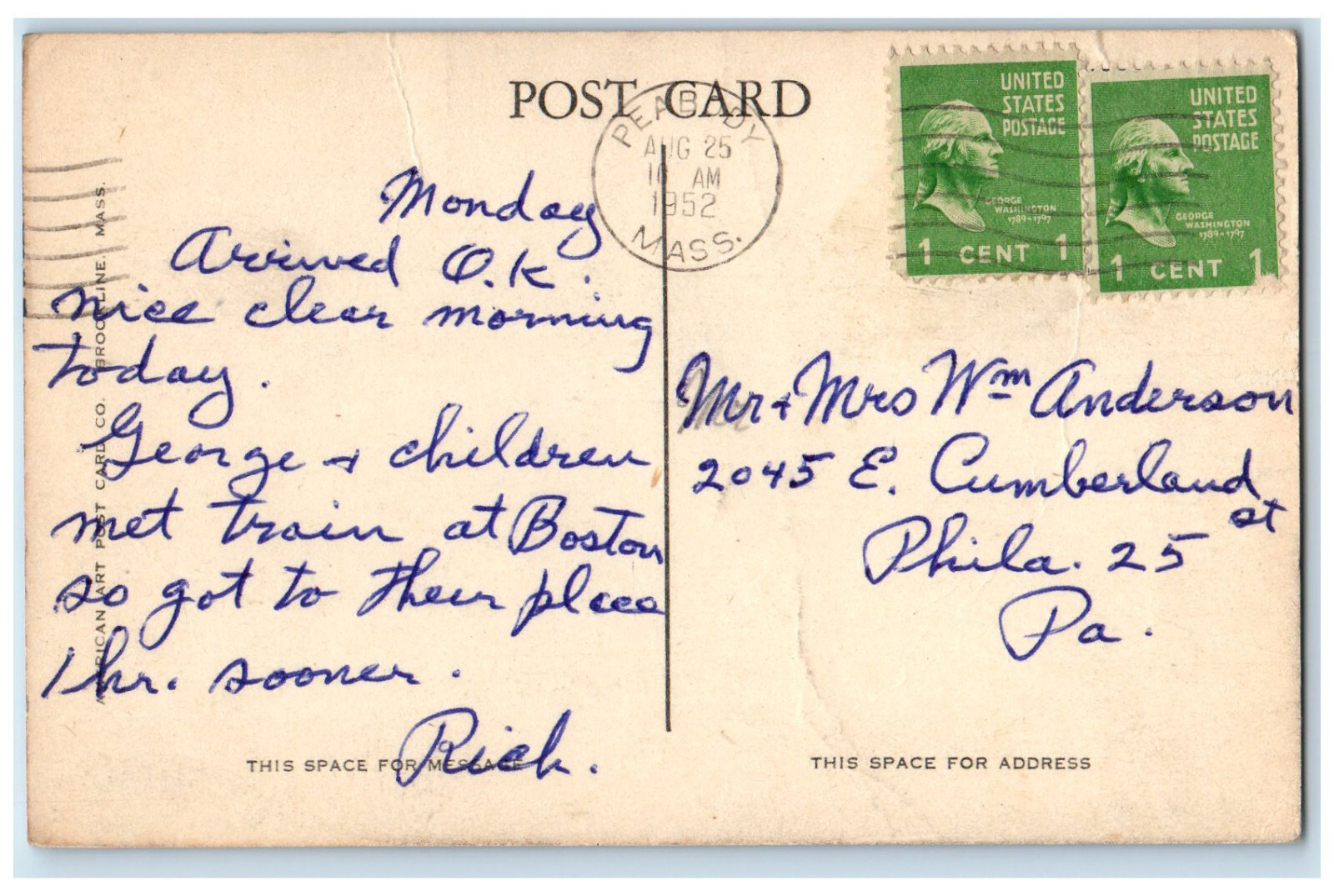 1952 Entrance to Post Office Peabody Massachusetts MA Vintage Posted