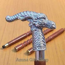 Hand Carved Twisted Wooden Cane Chrome Finish Dragon Head Walking Stick Gift