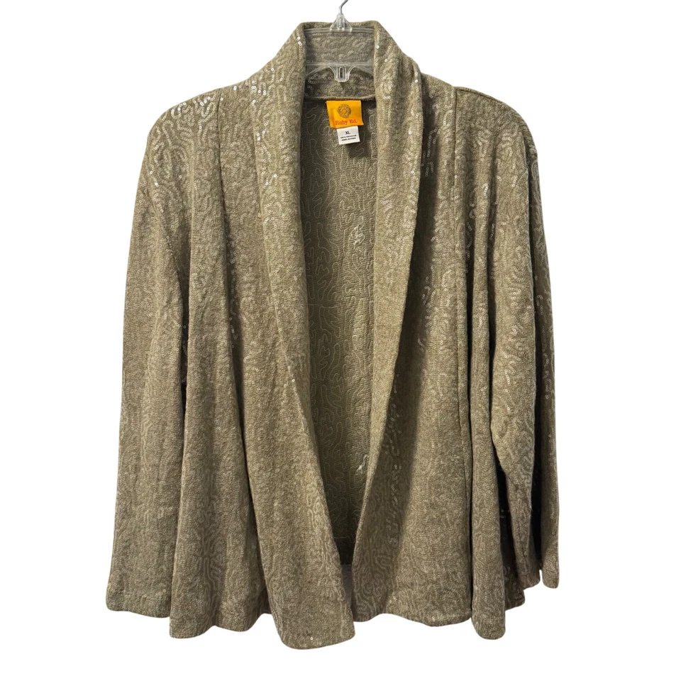 Ruby Rd. Womens Cardigan Sz XL Beige Textured Open-Front Jacket With Sequins - Image 2 of 4