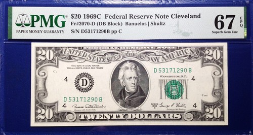 1969C $20 Federal Reserve Note Fr-2070-D Cleveland PMG67 Superb Gem EPQ