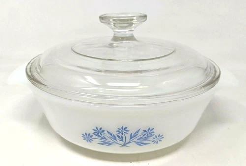 Vintage Anchor Hocking Milk Glass Blue Cornflower #436 1 Qt Casserole Dish Lid