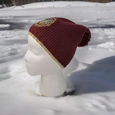 Harry Potter Hogwarts Logo Knit Pom Beanie Hat Cap Burgundy  Gold YOUTH OSFM