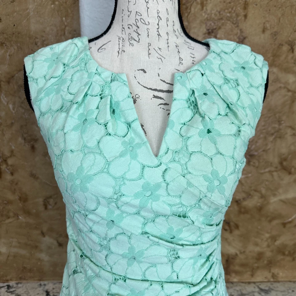 Adrianna Papell Sheath Mini Dress Women 2P Ruched Floral Lace Party Light Green - Image 2 of 4