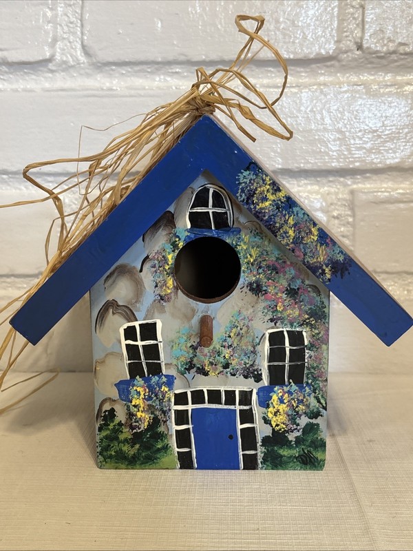 VTG Hand Made/Painted/Stained Decorative Blue Brown Thick Wood Floral Bird House