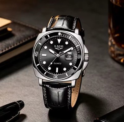 LIGE Men's Quartz Analog Watch Black Dial Date Uni Bezel Black Leather Strap