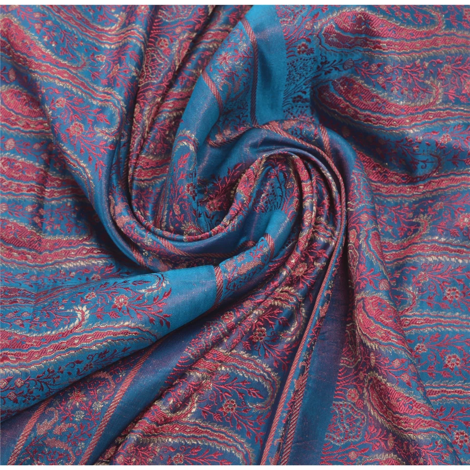 Tela Pallu Sánskriti Vintage Puro Satén Seda Tejido Brocado Diseño Azul Decoración Foto 3 de 4