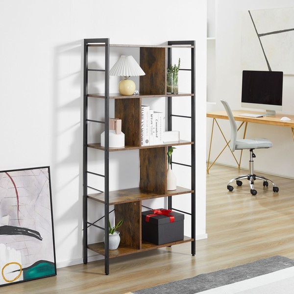 Homcom BüCherregal, Schmal Standregal Regal Mit 5 Ebenen, Rustikales Braun-image
