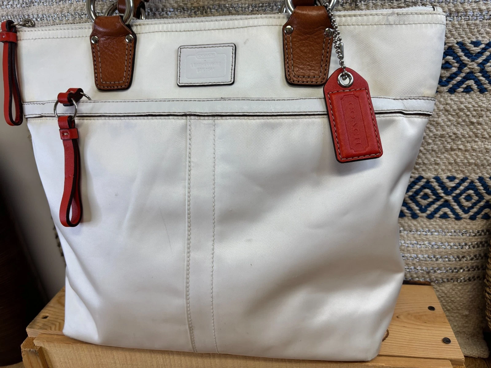 Borsa Coach Park bianca arancione nylon bordo pelle doppio manico chiusura cerniera tote bag