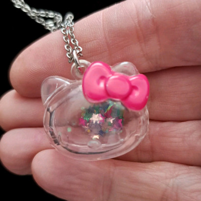 Authentic Vintage Sanrio HELLO KITTY Floating Glitter Pendant Necklace Signed 