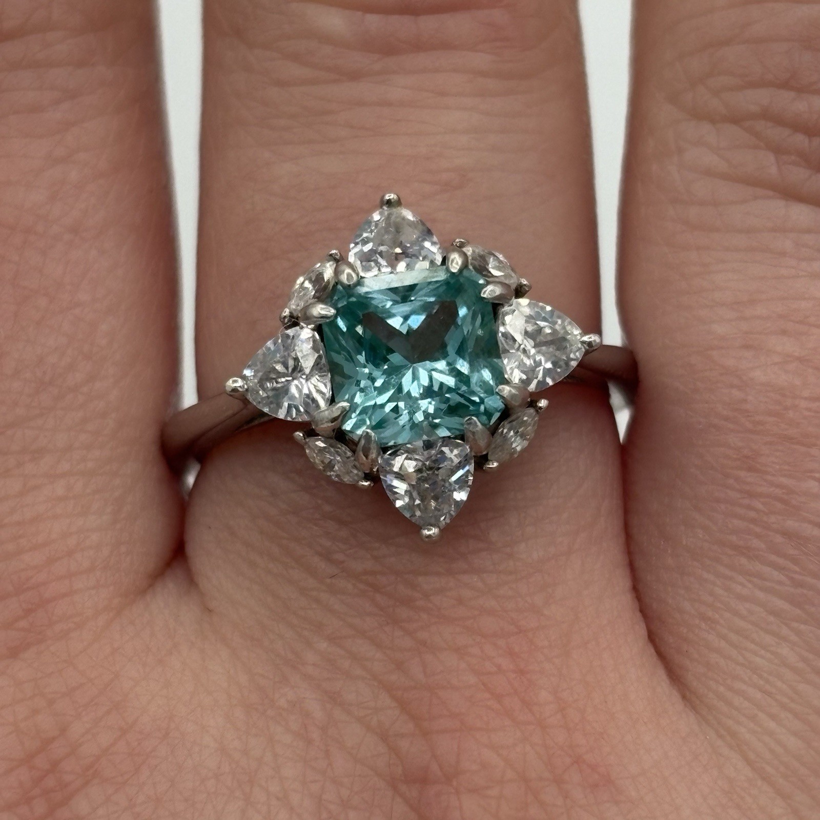 Signed Sterling Blue Topaz Halo Ring Size 8 Cushion Cut Marquise Trillion CZ