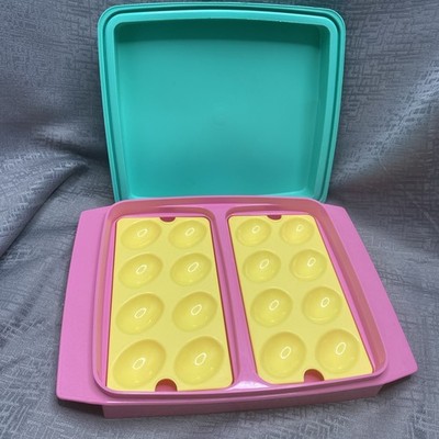 Vintage 90's Tupperware Deviled Egg Carrier 723-1 Pink Teal Kitchen Container